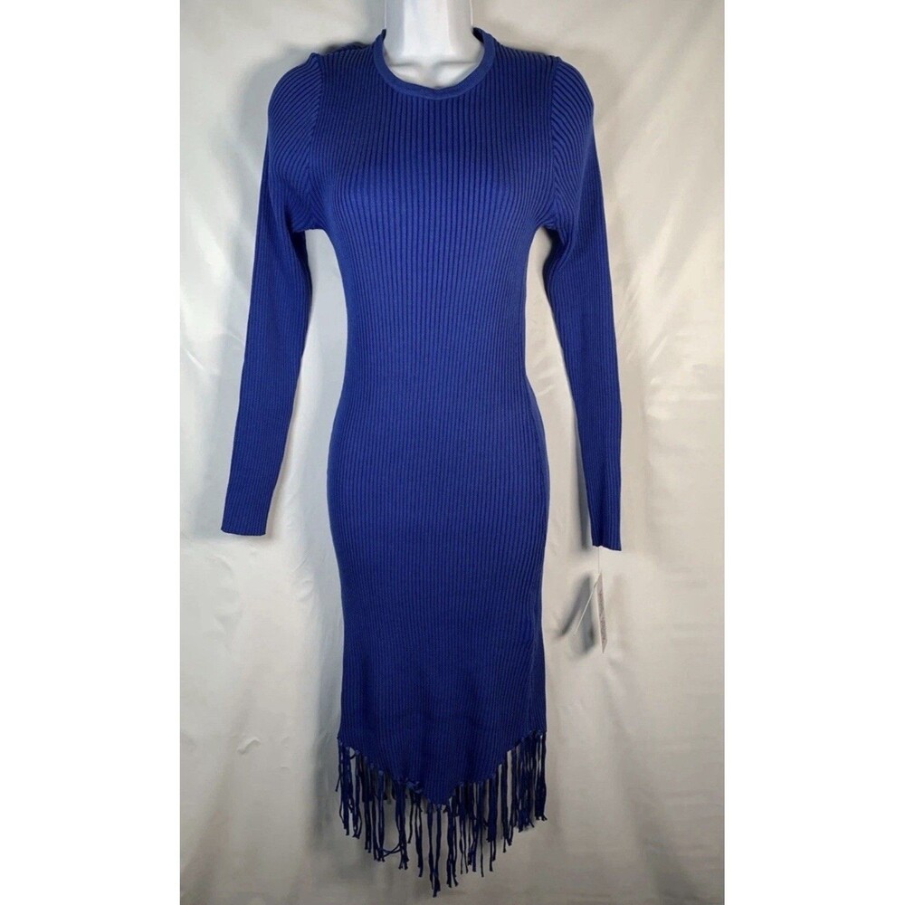 Nanette Lepore Surf The Web Blue Knit Fringe Hem Sweater Dress Medium New $138